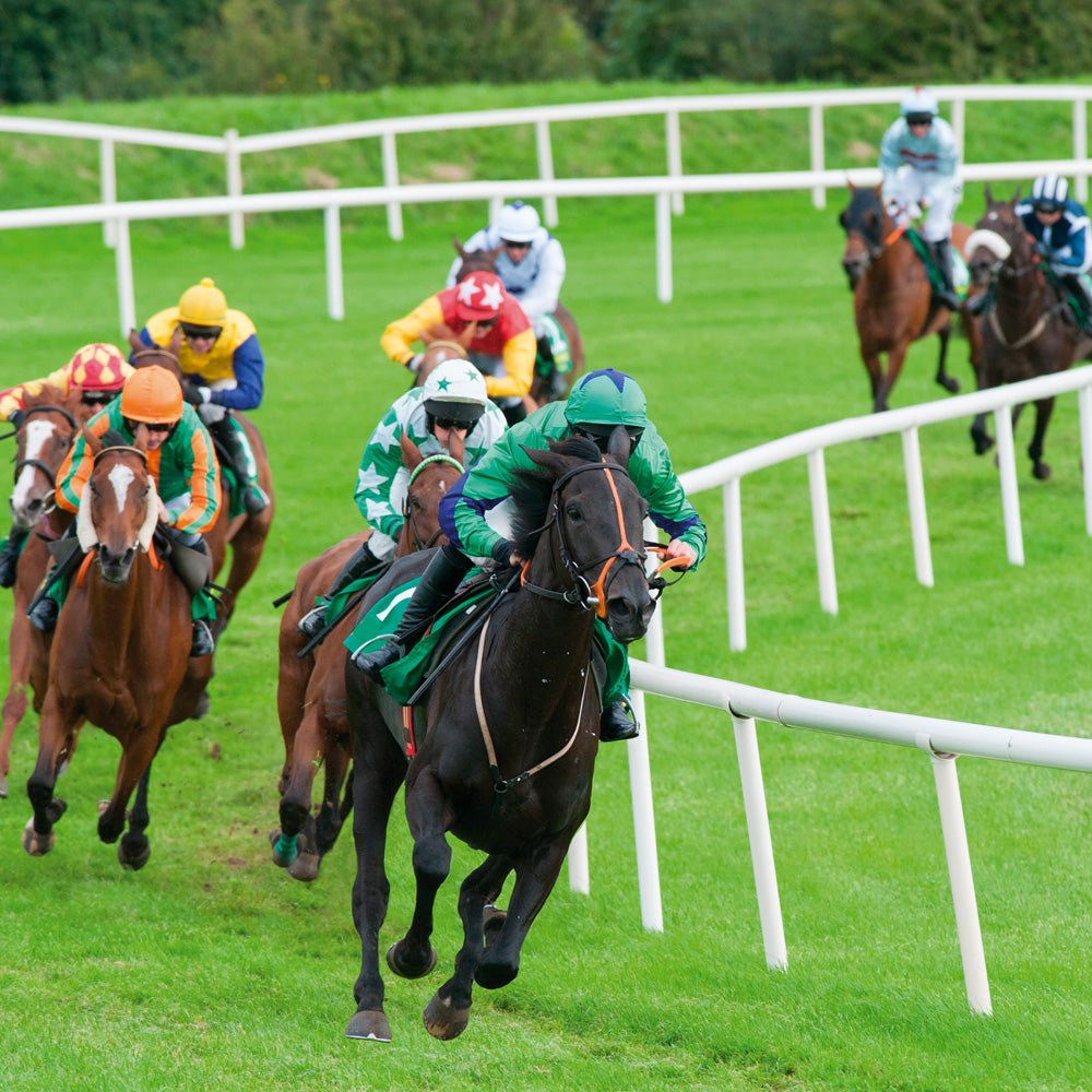 Horses racing on a grass track with jockeys in colorful outfits.