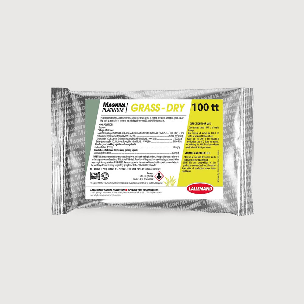 Photo of a Magniva Platinum Grass-Dry by Green Farm Seeds — featuring Silage additive, shown in White and Grey suitable for Agriculture 