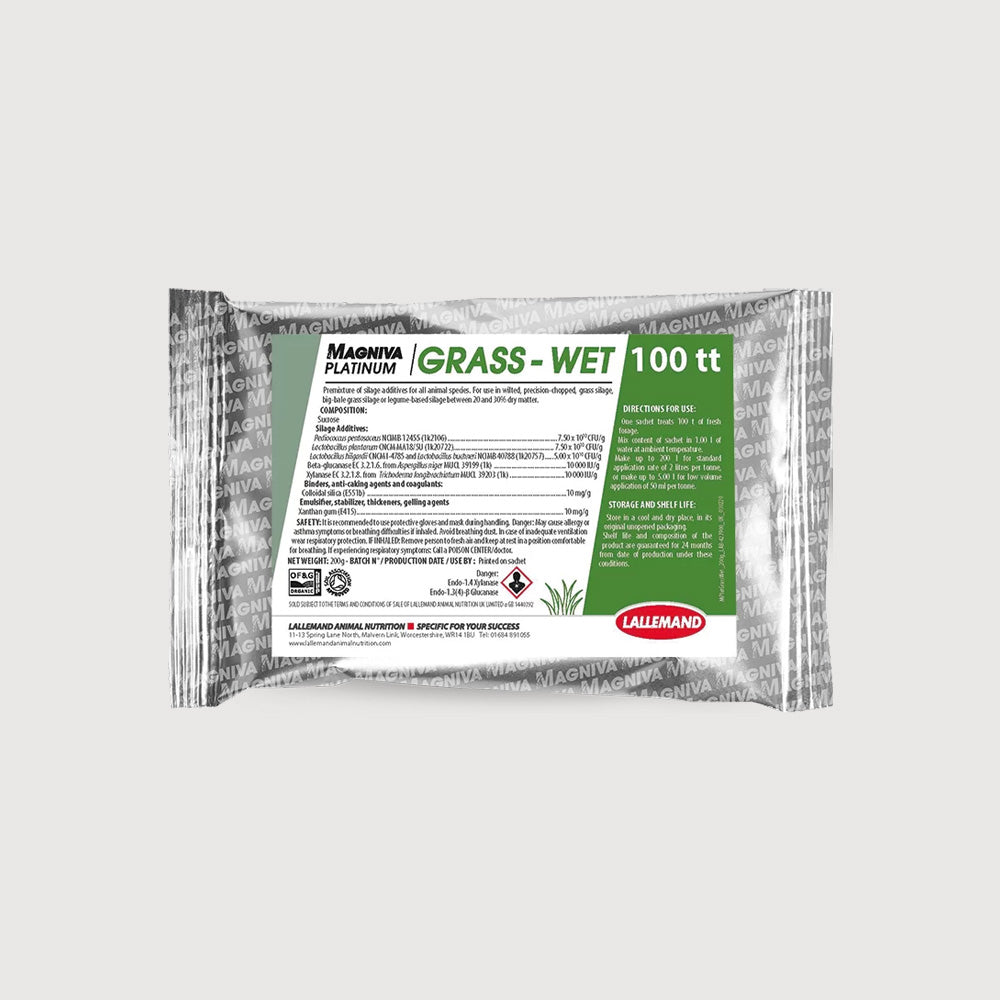 Photo of a Magniva Platinum Grass Wet by Green Farm Seeds — featuring Silage additive, shown in White and Grey suitable for Agriculture  